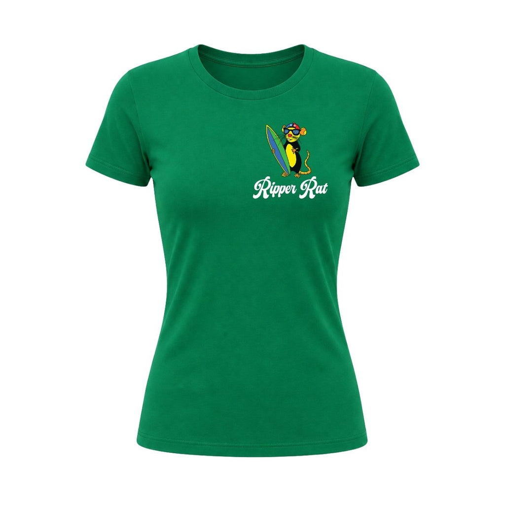 Black Surf Rat w/ White Text Green Tee- Women